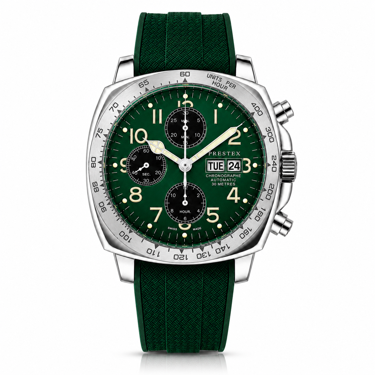 Green wristwatch with detailed face on a white background