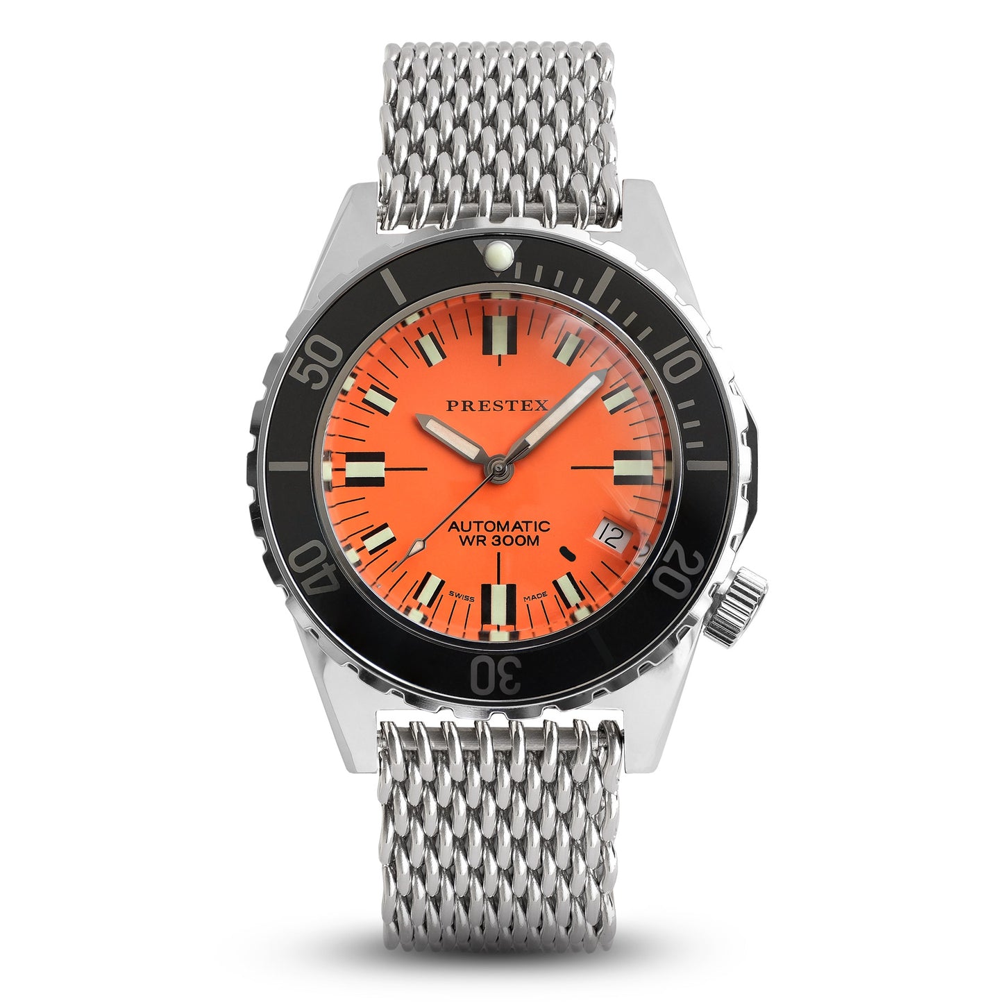 Prestex Swiss Diver Orange Dial Mesh Bracelet Watch